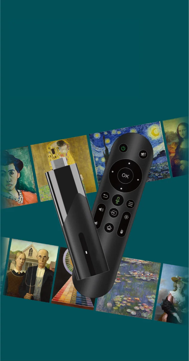 The Vasari Streaming Art Stick and its remote against a collage of famous paintings