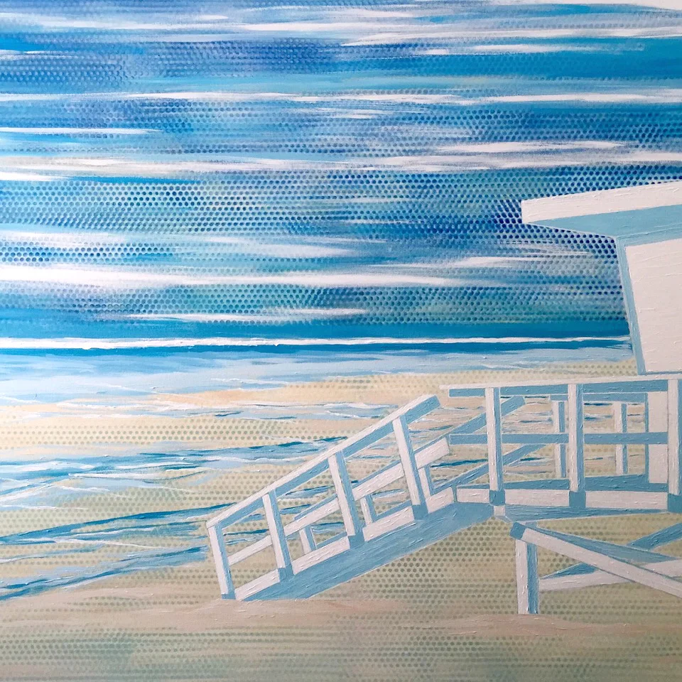 Painting of a lifeguard tower and stairs against a blue beach sky